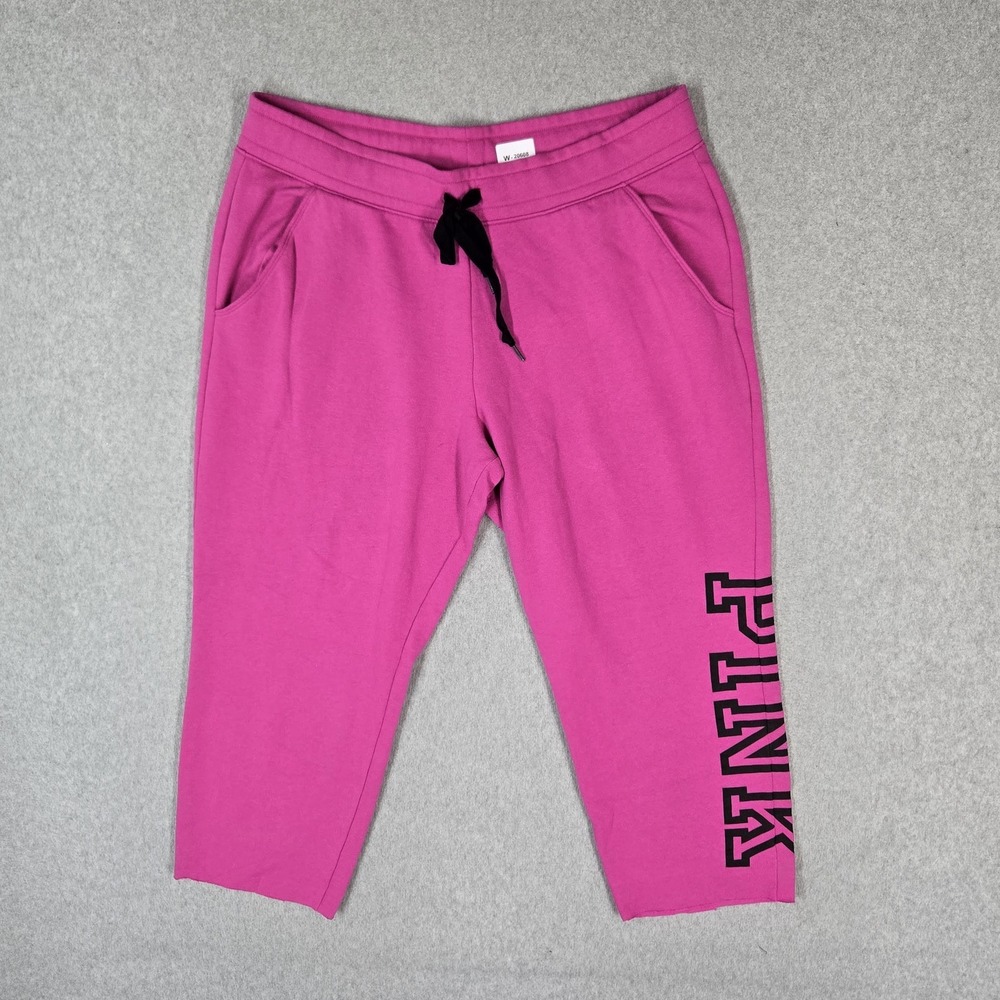PINK Victoria's Secret Women Pants XL Pink Cropped Sweatpants Fleece Spellout